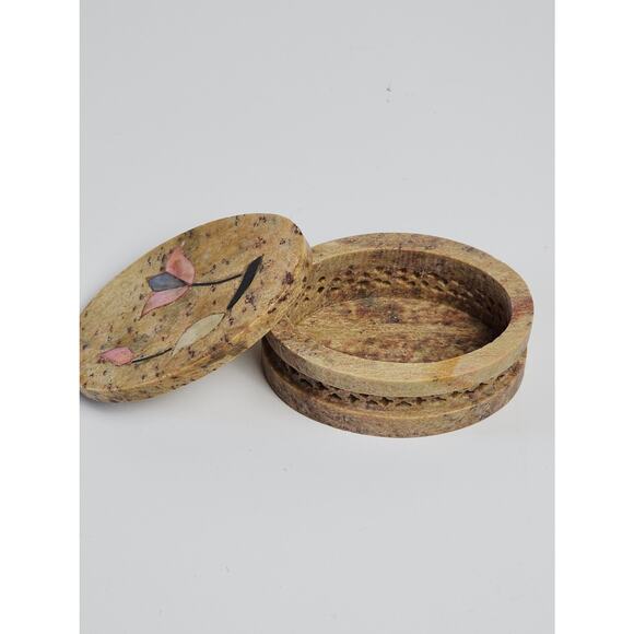 Vintage Carved Soapstone Trinket Jewelry Box Mother of Pearl Floral Inlay Decor - Picture 5 of 11